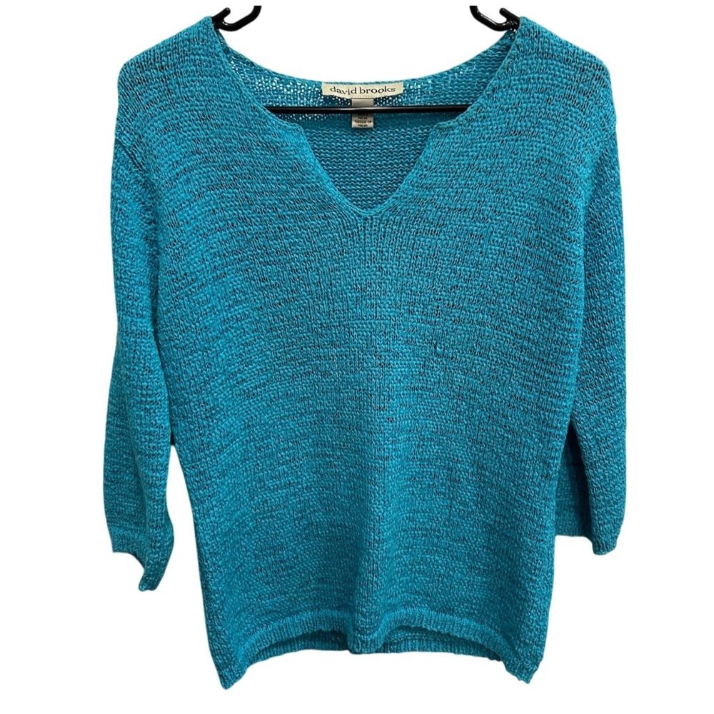 David Brooks Womens Knit V-Neck 3/4 Sleeve Sweater Blue Sz Medium